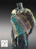 Boho artistic handmade poncho with fringe in teal green yellow shades, statement fashion shawl