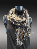 Cowgirl style black tan neutral color fringe scarf with art yarns, Luxury avant garde fringe scarf