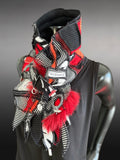 Boho couture fabric scarf, free form scarf, couture black red scarf