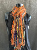 Handmade Mardi Gras color fringe scarf with art yarns, Boho fringe scarf