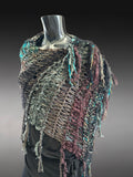Boho artistic handmade poncho with fringe in teal green shades, statement fashion shawl