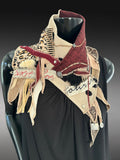 Upcycled couture neck cowl scarf in red black beige, boho chic post apocalyptic, deconstruct clothing