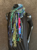 Handmade art yarn fringe scarf with art yarns , Fringie scarf in blue green purple, women gift, boho accessory, vibrant color scarf