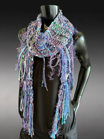 Lightweight knit purple pink scarf, bohemian jewel tone triangle -shape Scarf, ribbon knit scarf