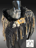 Hand knit avant garde shoulder wrap with clasp and fur collar, cosplay fashion
