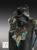Upcycled eco couture fabric neck cowl scarf, street style, deconstructed, edgy reconstructed  wearable art.