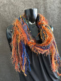 Handmade Mardi Gras color fringe scarf with art yarns, Boho fringe scarf