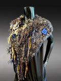 Eclectic knit fringed Boho Cowl in blue brown shades. Artistic huntress neck cowl