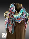 Pop culture vibrant color scarf, Artisan Boho Art Scarf – Upcycled Fabric & Fiber Statement Wrap
