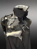 Upcycled couture neck cowl scarf in black white, boho chic refashion scarves