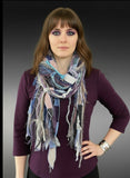 Boho neutral fiber fringe scarf with upcycyled fabric and art yarn in Lavender Blue Gray