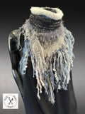 Artisan knit turtleneck scarf, Textured Boho Knit Neck Warmer with Statement Fringe