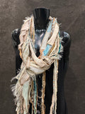 Bohemian long Boho eco-friendly Scarf, Whimsical fiber fringe scarf, tribal scarves, cream aqua fashion