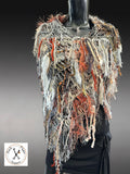 Handmade Knit Poncho: Bohemian chic style, Avant Garde Fringed shoulder wrap in gray rust