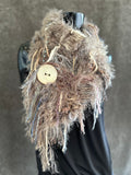 Hand Knit taupe fur scarf with oversized button, Fur Boho Art Scarf, Scarf with fringe, tan knit scarf