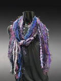 Handmade Boho Fringe Scarf, Blue, Purple & Textured Art Yarn Statement Accessory, avant garde style