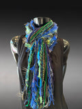 Handmade eclectic scarf in vibrant green blue jewel tones, luxury boho scarves