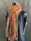 Handmade Mardi Gras color fringe scarf with art yarns, Boho fringe scarf