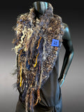 Eclectic knit fringed Boho Cowl in blue brown shades. Artistic huntress neck cowl