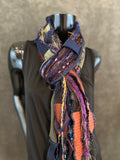 Lightweight navy rust purple fabric plus art yarn Scarf, Shreds Fringie yarn scarf, funky eco-friendly clothing