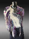 Boho Fringe Fiber Art Poncho – Handcrafted Textural Wrap in Purple Taupe, OOAK Wearable Art shawl