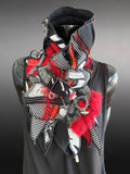 Boho couture fabric scarf, free form scarf, couture black red scarf