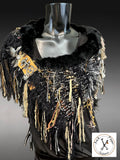 Hand knit avant garde shoulder wrap with clasp and fur collar, cosplay fashion