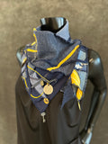 Upcycled couture neck cowl scarf in navy yellow jean boho hippie eco-friendly scarves, fabric neckwarmer