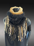 Artisan knit fur turtleneck scarf, Textured Boho Knit Neck Warmer with Statement Fringe