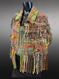Hand Woven Poncho, women nature inspired green brown wrap with leather and zipper