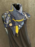 Upcycled couture neck cowl scarf in navy yellow jean boho hippie eco-friendly scarves, fabric neckwarmer