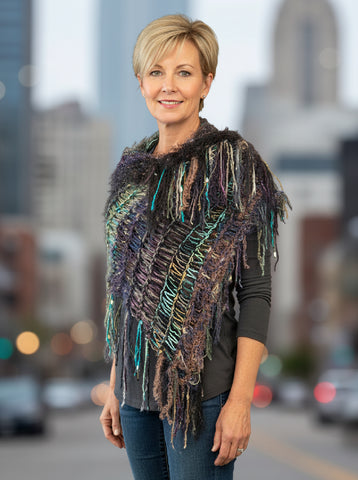 Boho artistic handmade poncho with fringe in teal green shades, statement fashion shawl