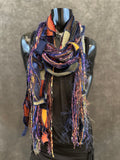 Lightweight navy rust purple fabric plus art yarn Scarf, Shreds Fringie yarn scarf, funky eco-friendly clothing