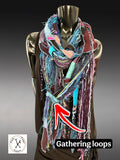 Pop culture vibrant color scarf, Artisan Boho Art Scarf – Upcycled Fabric & Fiber Statement Wrap