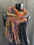 Handmade Mardi Gras color fringe scarf with art yarns, Boho fringe scarf