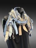 Boho blue jean Scarf, Artisan fiber fringe scarf, tribal scarves, deconstructed fashion