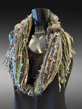 Boho style luxury eclectic Scarf, black olive teal brown, nature inspired art scarf
