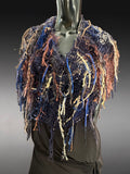 Poncho in blue brown rust, Boho hippie fringed Knit handmade Poncho, shoulder wrap