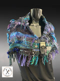 Saori style woven blue green poncholette, bohemian style or avant garde fashion shawl