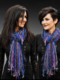 Handmade Boho Fringe Scarf, Blue, Purple & Textured Art Yarn Statement Accessory, avant garde style