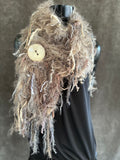 Hand Knit taupe fur scarf with oversized button, Fur Boho Art Scarf, Scarf with fringe, tan knit scarf