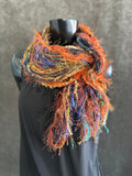 Handmade Mardi Gras color fringe scarf with art yarns, Boho fringe scarf