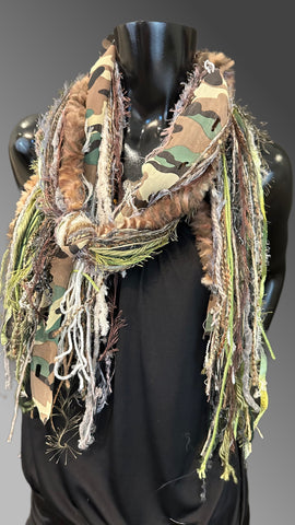 Fringie art Yarn bohemian style camouflage Scarf, luxury art yarn Scarf, fur fringe scarf, boho fashion