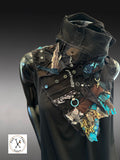 Upcycled eco couture fabric neck cowl scarf, street style, deconstructed, edgy reconstructed  wearable art.
