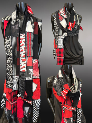 Versatile upcycled street style scarf, black and red scarf, couture fashion