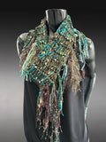 Lightweight knit teal fringed scarf, bohemian jewel tone triangle -shape Scarf, ribbon knit scarf