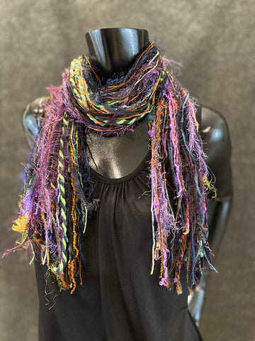 Art yarn scarf, Fringie in rainbow Jewel tones, Fringe Scarf, Stevie nicks style, boho chic, funky scarf, hippie fashion