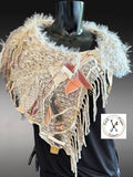 Luxury women poncho, Fur poncholette, Knit fringed winter white cowl with fringe