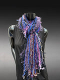 Handmade Boho Fringe Scarf, Blue, Purple & Textured Art Yarn Statement Accessory, avant garde style