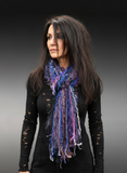 Handmade Boho Fringe Scarf, Blue, Purple & Textured Art Yarn Statement Accessory, avant garde style